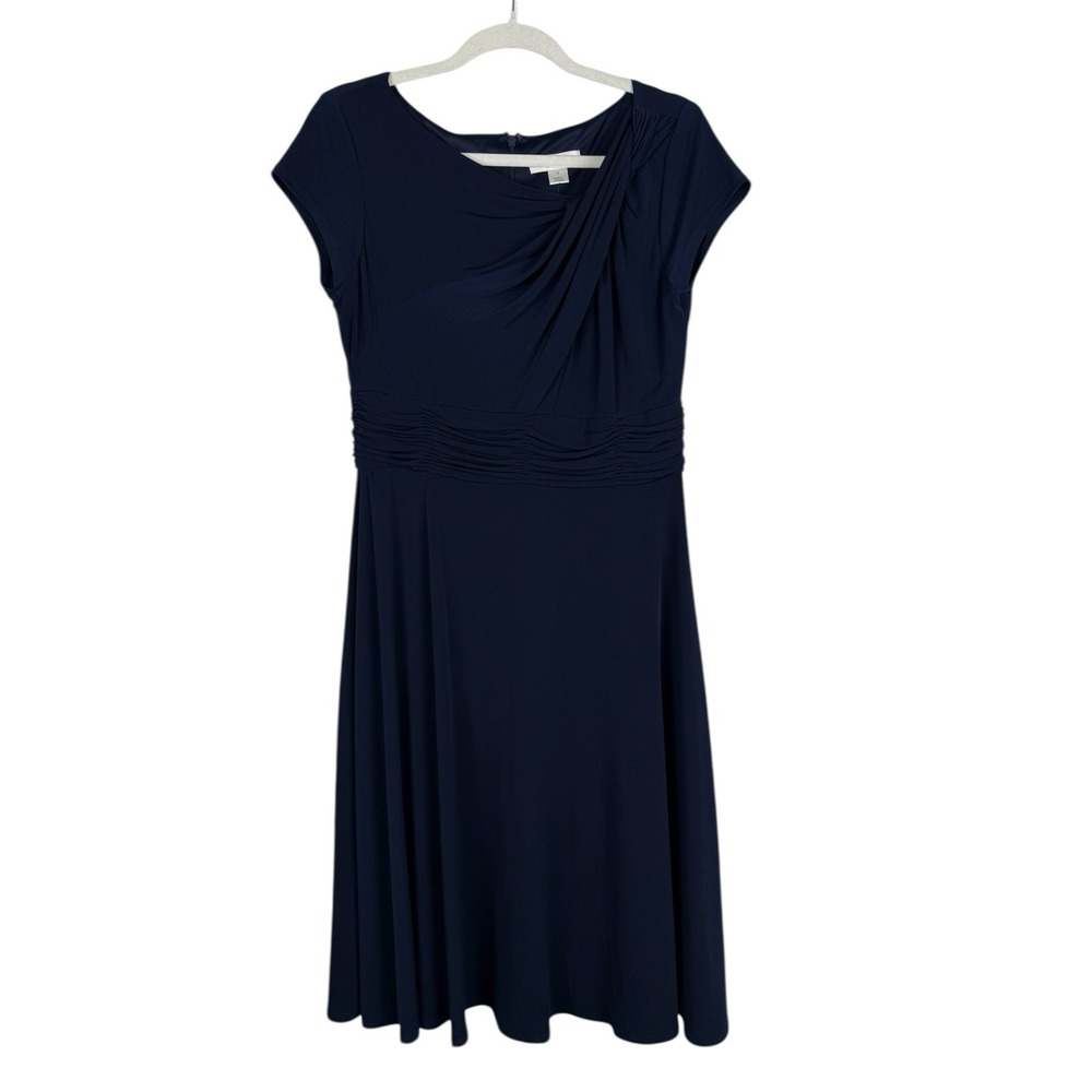 Christopher & Banks Women Size 12 Flowy Ruched Cinch Waist Navy Formal Dress NEW